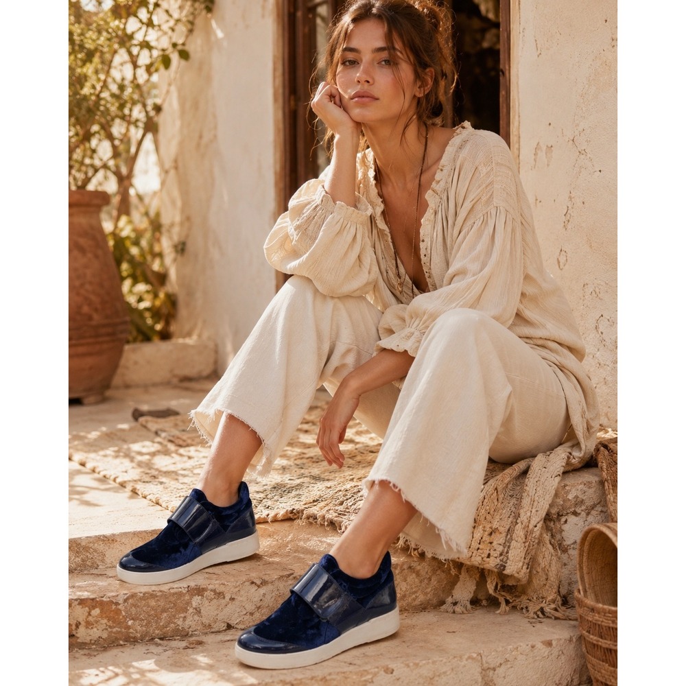 Free People Navy Blue Velvet Patent Leather Platform Slip On Sneakers Size 39